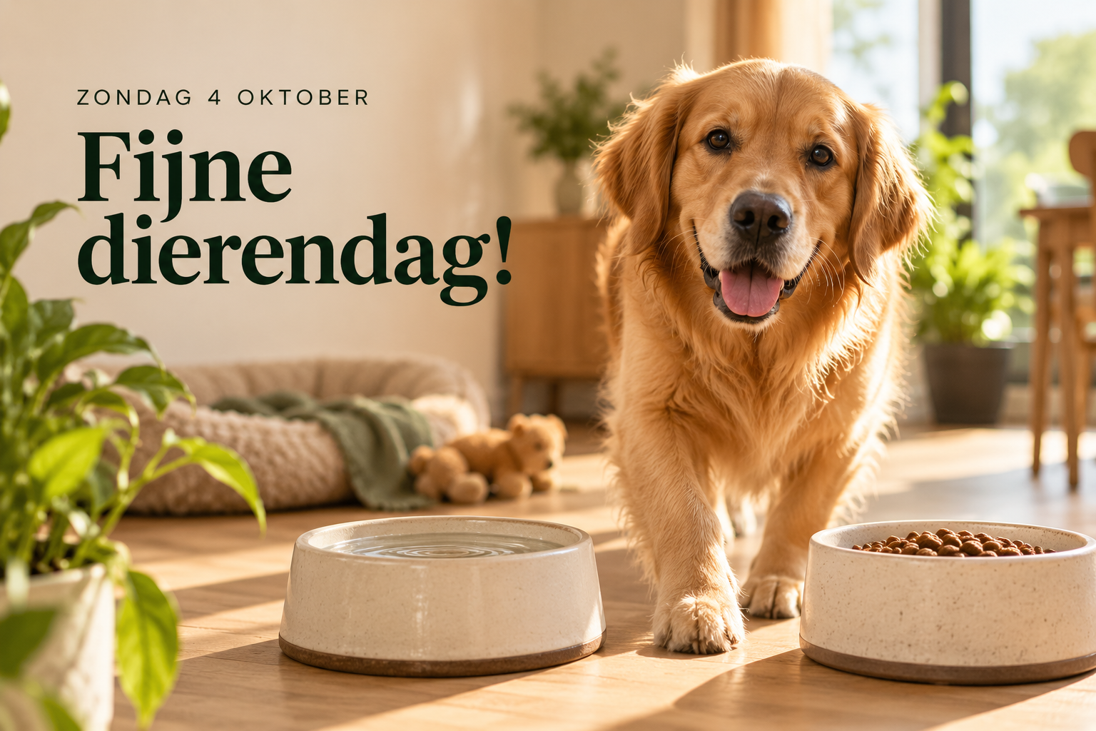 Golden retriever bij een waterbak, met de tekst Fijne dierendag