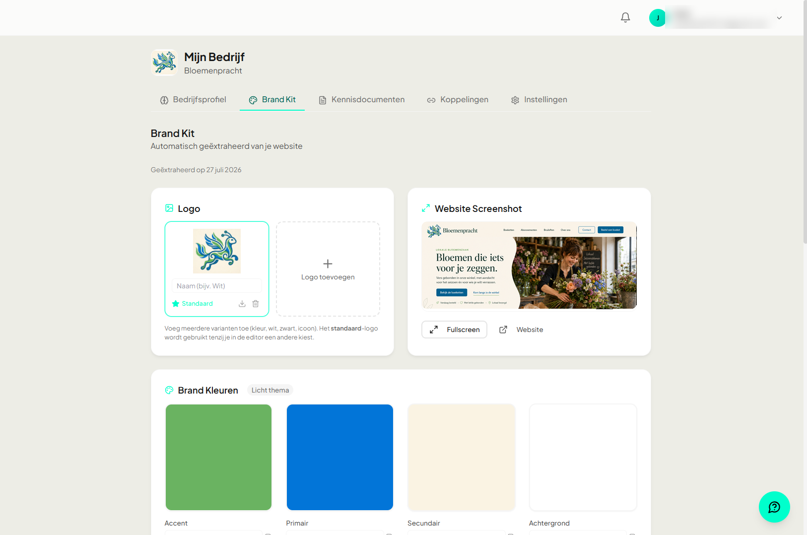 Bedrijfsprofiel in YourFellow HQ: het logo, de website en de merkkleuren die Mia uit de site van bloemenzaak Bloemenpracht haalde